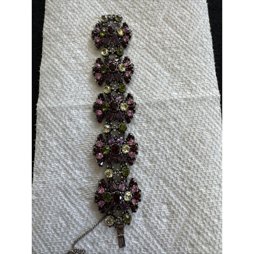 Hollycraft Vintage Panel Multicolor Rhinestone Bracelet 1950's One Stone Missing